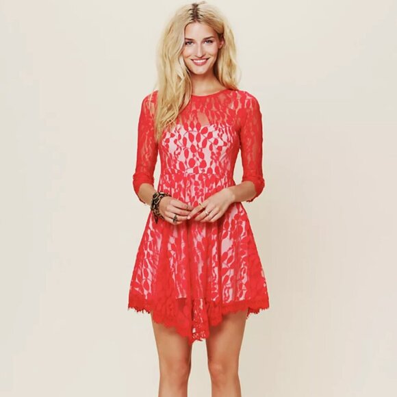 Free People Dresses & Skirts - Free People Floral Embroidered Mesh Lace Mini Dress Pleated Red Women's Size 4
